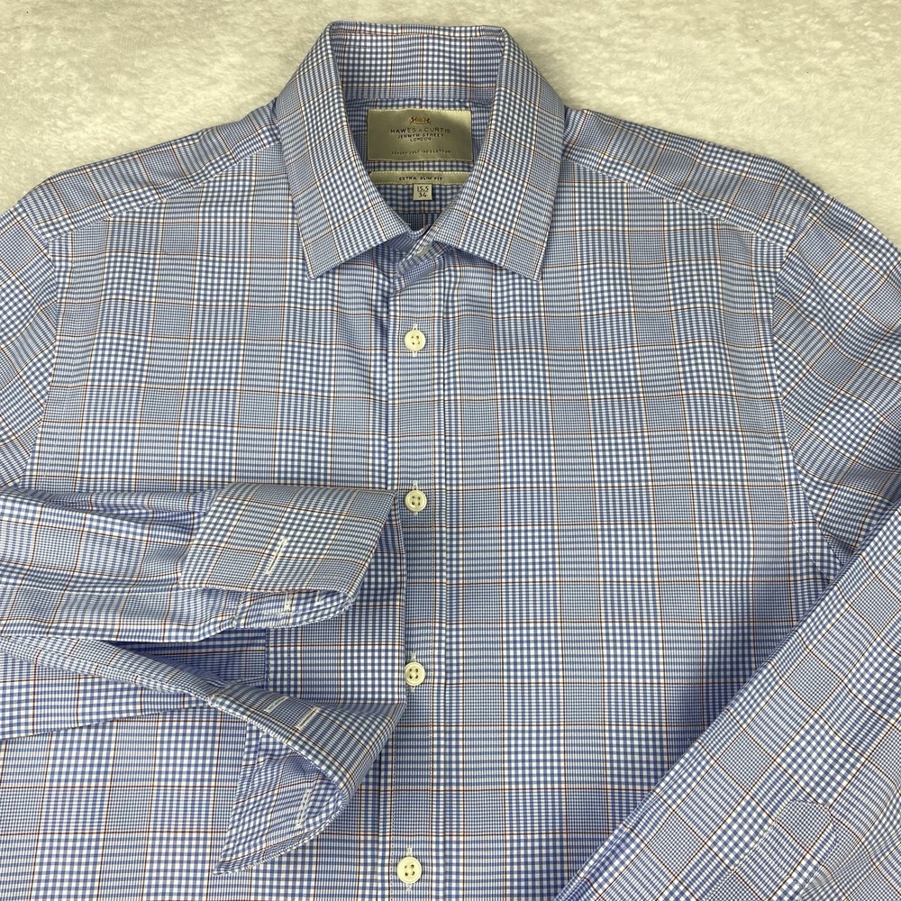 Hawes & Curtis Dress Shirt Mens 15.5-34 Blue Plaid X-Slim Fit French Cuffs